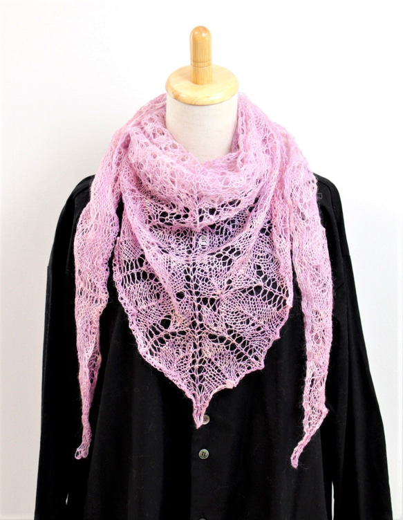 極細レース三角ショール モヘア・メリノ極細手染め糸 ピンク ストール  