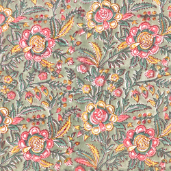 [50cm單位]深綠色黃色粉紅色花朵印度手工塊印花織物紡織棉 第3張的照片