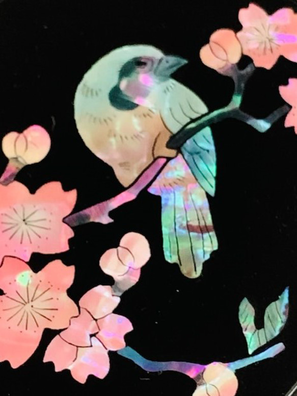 　螺鈿　花鳥図　姫鏡　　（桜に樫鳥） 2枚目の画像