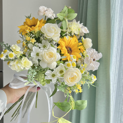 グリーン＊ホワイト＊イエローの爽やかアーティフィシャルフラワー 造花 花束 通販 花 葉っぱ アーティフィシャルフラワー アーティ