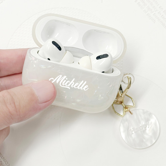 シェル風 AirPods / Airpods Pro ケース 無線充電対応 文字入れ可能 キーチェーン付 全面保護ケース 3枚目の画像