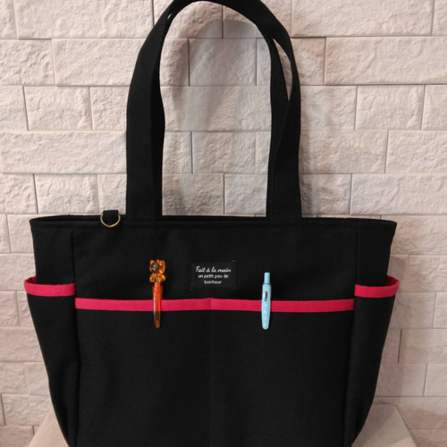 送料込】黒帆布×ショッキングピンク サイドポケットトートバッグ