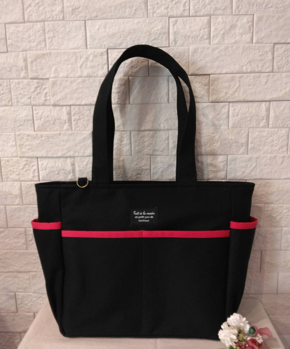 送料込】黒帆布×ショッキングピンク サイドポケットトートバッグ