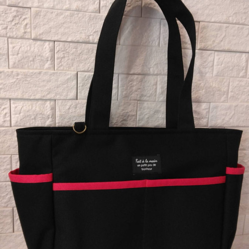 送料込】黒帆布×ショッキングピンク サイドポケットトートバッグ