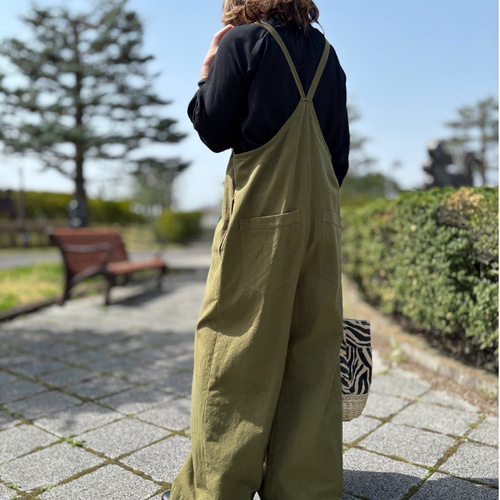 再販5 大人の細見え♪リラックスサロペット(オリーブカーキ）＊受注