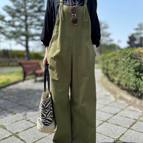 再販5 大人の細見え♪リラックスサロペット(オリーブカーキ）＊受注