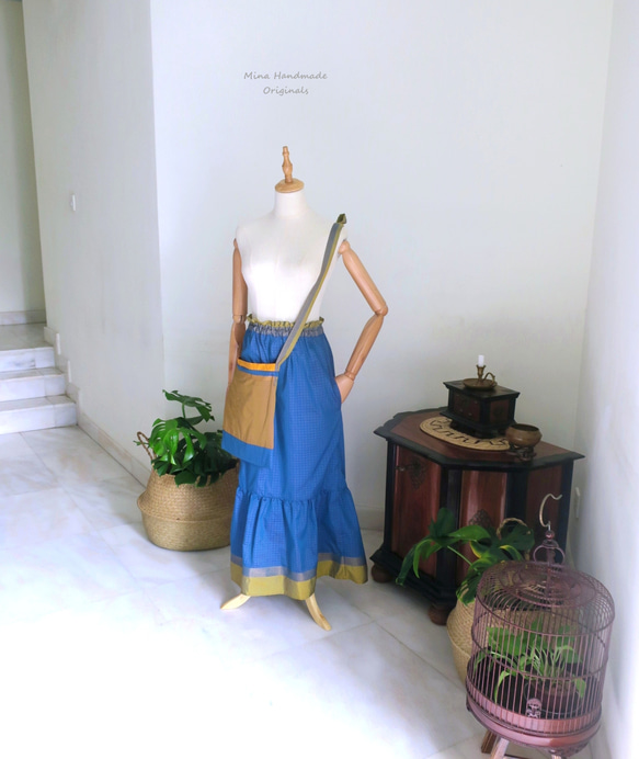 【インド/サリー】ティアードスカート＋バッグ・インド布・シンガポールから送料無料 1枚目の画像