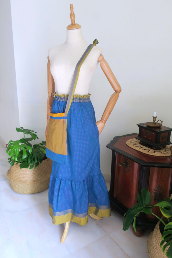 【インド/サリー】ティアードスカート＋バッグ・インド布・シンガポールから送料無料 8枚目の画像