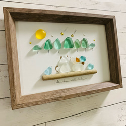 シーグラスアート 癒しの森  猫ちゃんシルエット 幸せの青い鳥 卓上 インテリア雑貨 贈り物 プレゼント北欧 観葉植物 1枚目の画像