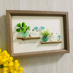 ♡きむね。ページ♡シーグラスアート シーグラスアート インテリア雑貨 北欧 観葉植物 仲良し小鳥と猫ちゃん