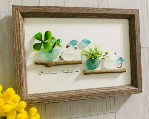 シーグラスアート インテリア雑貨 北欧 観葉植物 仲良し小鳥と猫ちゃん