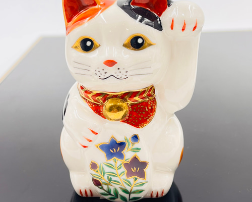 京焼・清水焼 手描きー招き猫ミニ ミケ桔梗柄 招き猫 京焼・清水焼窯元