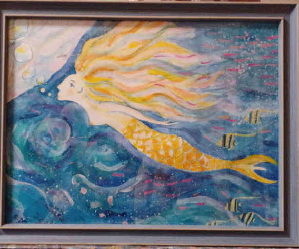 人魚姫 水彩画 32.5×41.5 額つき オリジナル手がき 夏にいかが 人魚姫 水彩画 32.5×41.5 額つき オリジナル手がき 夏にいかが