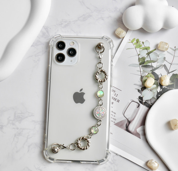 キーリングハンガー　スマホケース　iPhoneケース　ストラップ　全機種　スマホチェーン　シルバー　花 5枚目の画像