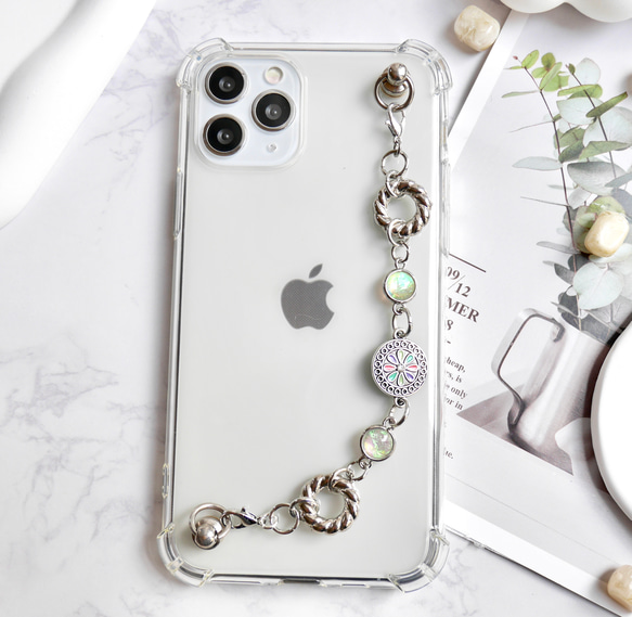 キーリングハンガー　スマホケース　iPhoneケース　ストラップ　全機種　スマホチェーン　シルバー　花 1枚目の画像