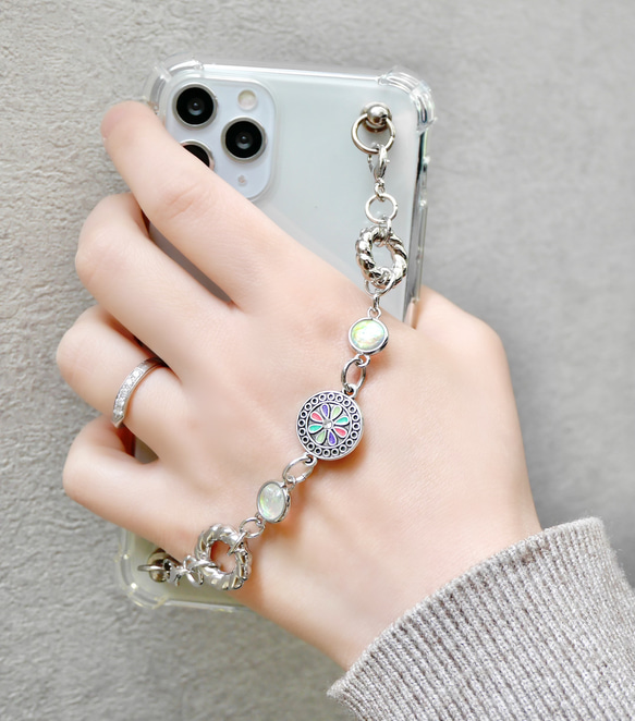 キーリングハンガー　スマホケース　iPhoneケース　ストラップ　全機種　スマホチェーン　シルバー　花 4枚目の画像