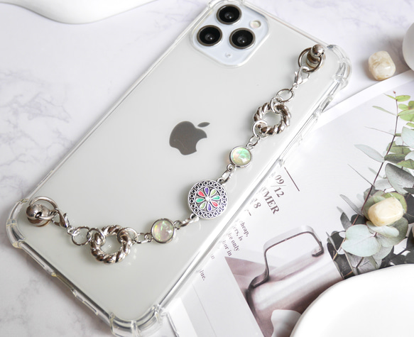 キーリングハンガー　スマホケース　iPhoneケース　ストラップ　全機種　スマホチェーン　シルバー　花 2枚目の画像