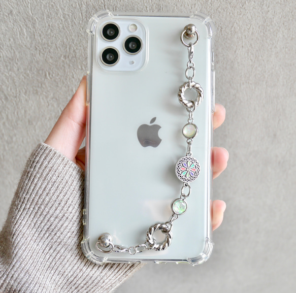 キーリングハンガー　スマホケース　iPhoneケース　ストラップ　全機種　スマホチェーン　シルバー　花 3枚目の画像