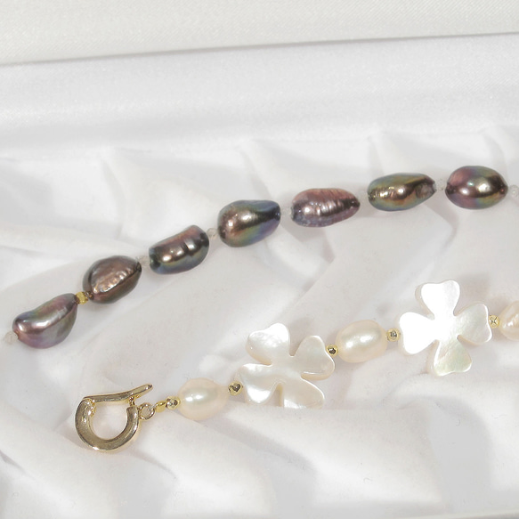 本真珠（淡水パール）と貝パーツ、ラブラドライトのYネックレス（セミバロック、マザーオブパール、白蝶、ホワイト、パープル） 3枚目の画像
