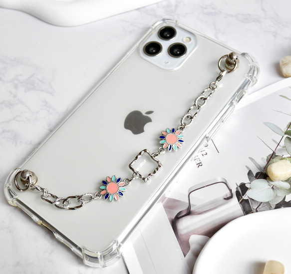 キーリングハンガー　スマホケース　iPhoneケース　ストラップ　全機種　スマホチェーン　シルバー　花 2枚目の画像