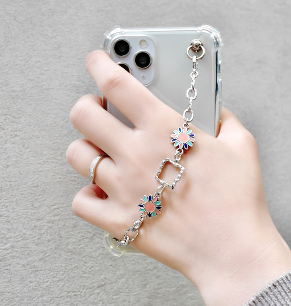 キーリングハンガー　スマホケース　iPhoneケース　ストラップ　全機種　スマホチェーン　シルバー　花 4枚目の画像