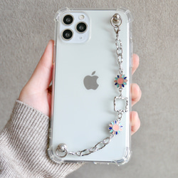 キーリングハンガー　スマホケース　iPhoneケース　ストラップ　全機種　スマホチェーン　シルバー　花 3枚目の画像