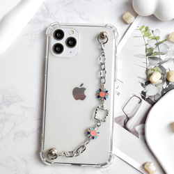 キーリングハンガー　スマホケース　iPhoneケース　ストラップ　全機種　スマホチェーン　シルバー　花 1枚目の画像