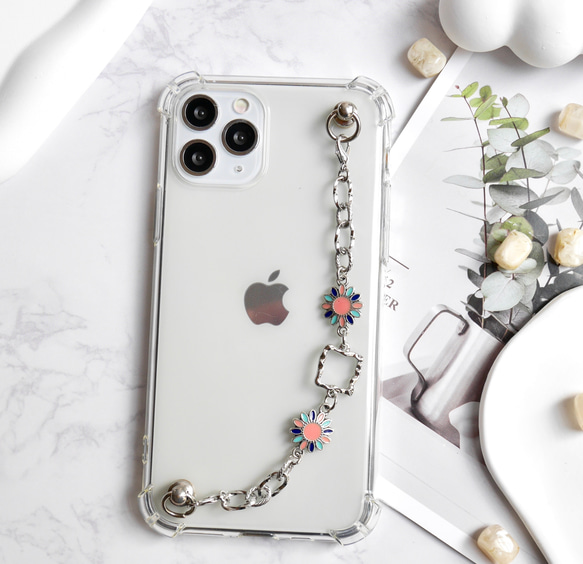 キーリングハンガー　スマホケース　iPhoneケース　ストラップ　全機種　スマホチェーン　シルバー　花 1枚目の画像