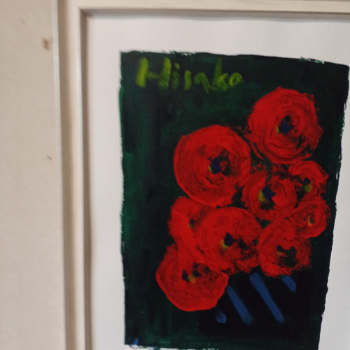 赤い花 アクリル絵の具 41.5×32.5 白い額つき オリジナル手がき 絵画