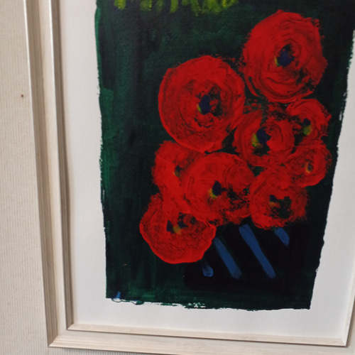 赤い花 アクリル絵の具 41.5×32.5 白い額つき オリジナル手がき 絵画