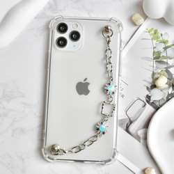 キーリングハンガー　スマホケース　iPhoneケース　ストラップ　全機種　スマホチェーン　シルバー　花 1枚目の画像