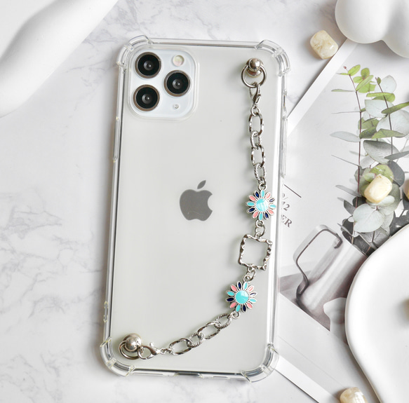 キーリングハンガー　スマホケース　iPhoneケース　ストラップ　全機種　スマホチェーン　シルバー　花 1枚目の画像