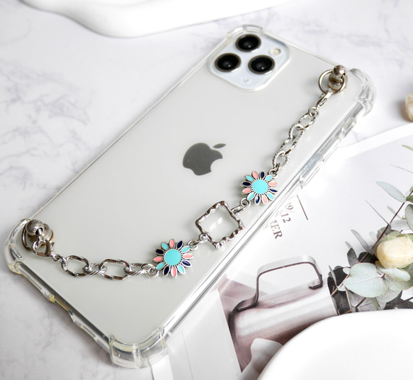 キーリングハンガー　スマホケース　iPhoneケース　ストラップ　全機種　スマホチェーン　シルバー　花 2枚目の画像