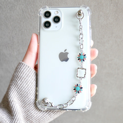 キーリングハンガー　スマホケース　iPhoneケース　ストラップ　全機種　スマホチェーン　シルバー　花 3枚目の画像