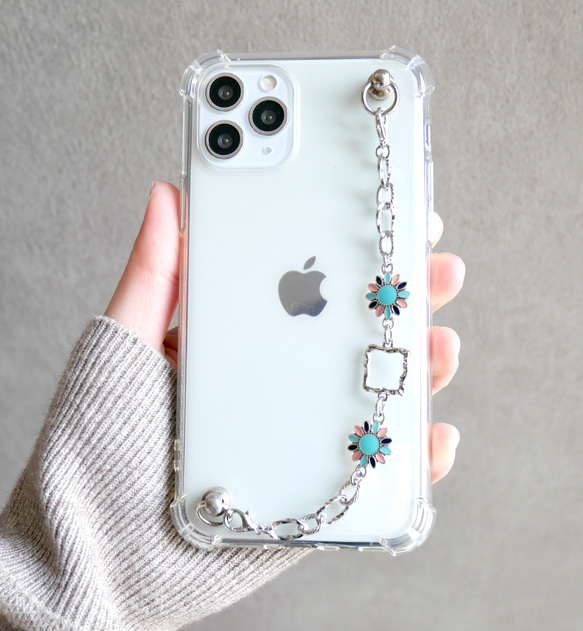 キーリングハンガー　スマホケース　iPhoneケース　ストラップ　全機種　スマホチェーン　シルバー　花 3枚目の画像