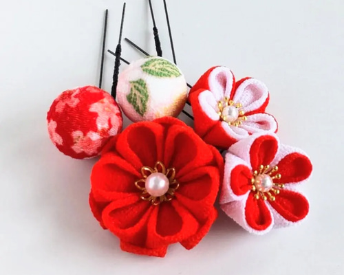 つまみ細工 髪飾り 5本セット 朱赤×白＊七五三/夏祭り/和装/着物