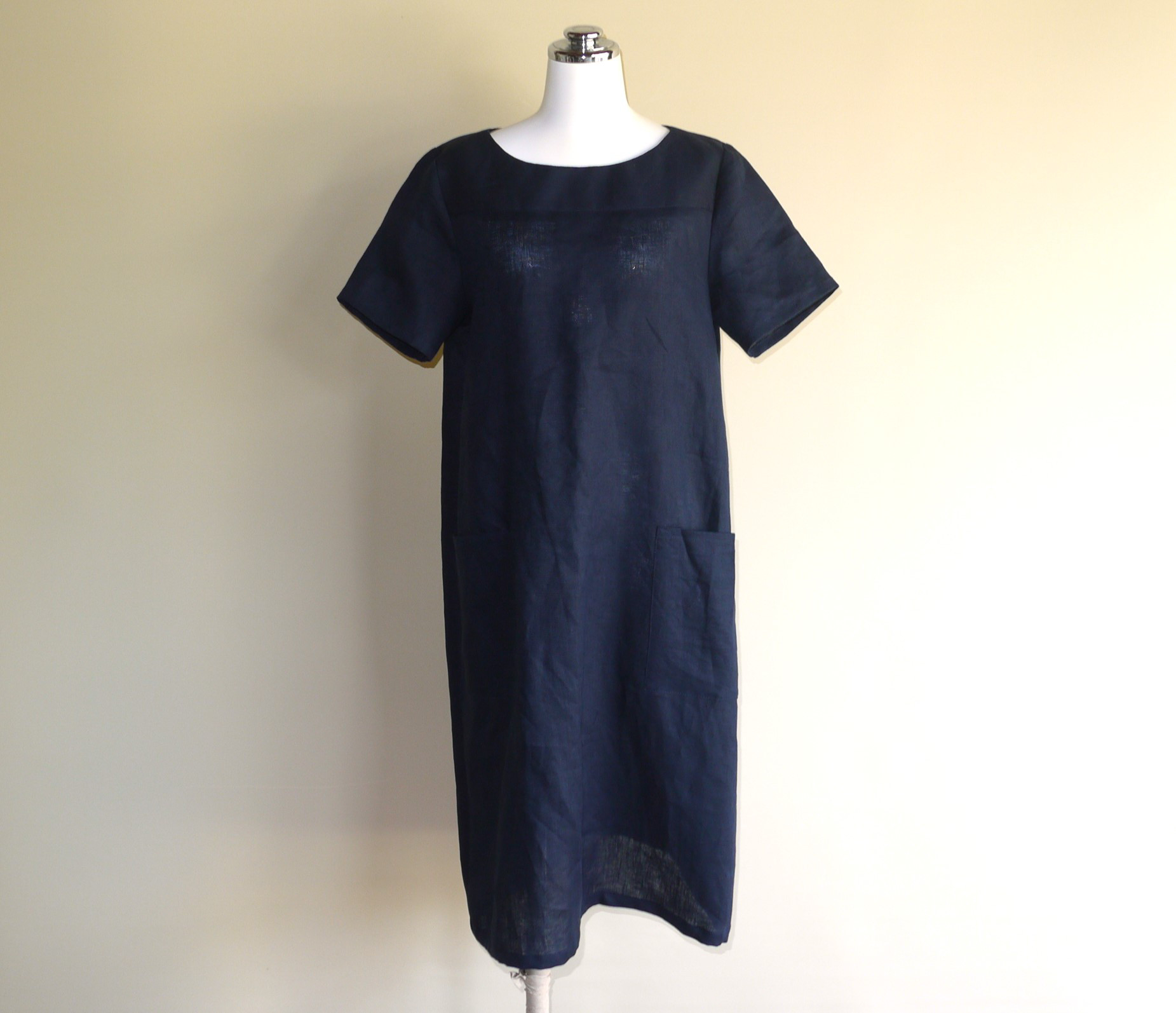 リネン◇ヨークワンピース　半袖◆ネイビー◆S・M・L（リネン100％）