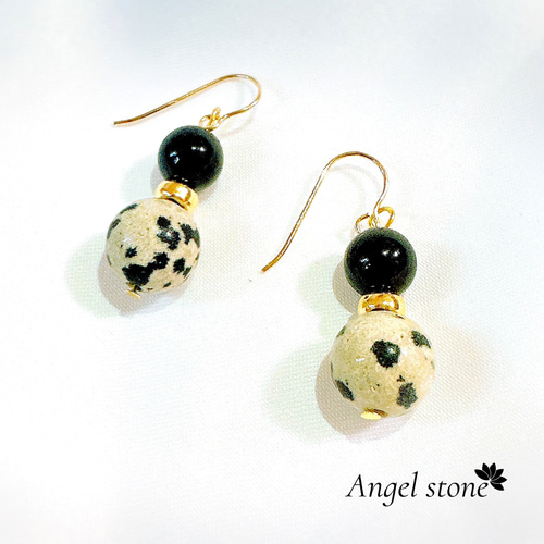 14KGF】大人可愛い 揺れる 2連 オニキスとダルメシアンジャスパー  