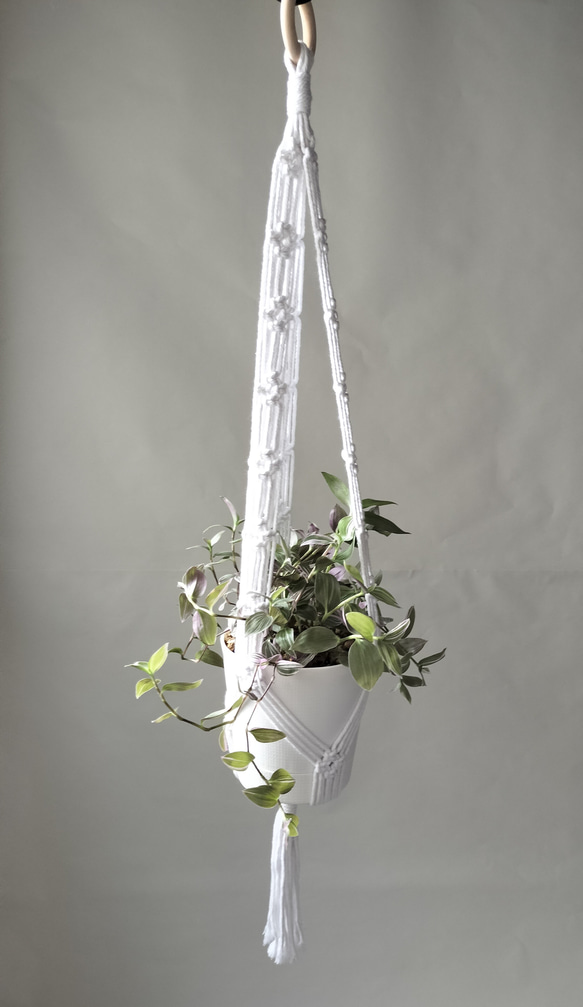 プラントハンガー　マクラメ　マクラメ編み　ホワイト　観葉植物　ハンギング　吊り下げ植物　オルレアホワイトレース 3枚目の画像