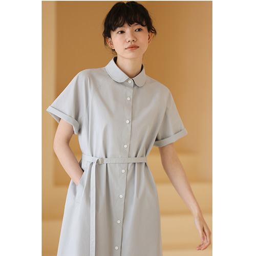 シャツワンピース グレー系 半袖 ベルト付き ワンピース ウエストベルト付きバイカラーシャツワンピース