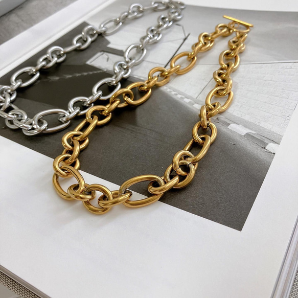 【当日/翌日発送】金属アレルギー対応　ステンレス マンテル留め具　ビッグチャンキーチェーンネックレス　シルバー 12枚目の画像