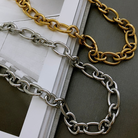 【当日/翌日発送】金属アレルギー対応　ステンレス マンテル留め具　ビッグチャンキーチェーンネックレス　シルバー 5枚目の画像