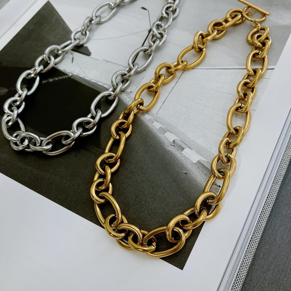 【当日/翌日発送】金属アレルギー対応　ステンレス マンテル留め具　ビッグチャンキーチェーンネックレス　シルバー 11枚目の画像
