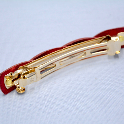 送料無料] アメリカンチェリー バレッタ 赤 本革 三つ編み バレッタ