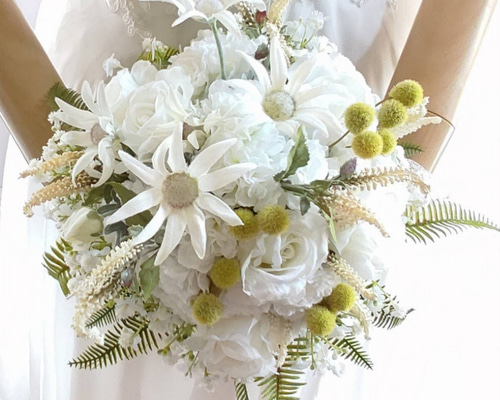 ウェディングブーケとブートニアのセット♡ダリアブーケ♡カモミール♡前撮り♡挙式 ウェディングブーケとブートニアのセット♡ダリアブーケ