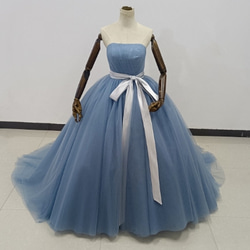 ダスティーブルーカラードレス ボリュームチュールケープ ウエディング  