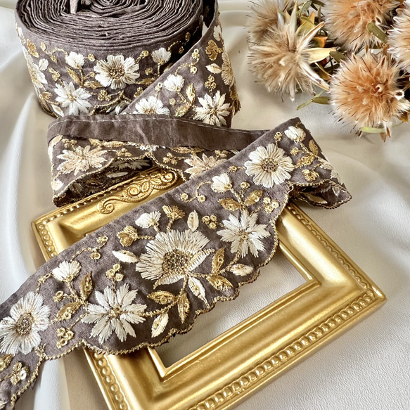48cm  インド刺繍リボン  シルク  スカラップ花柄 4枚目の画像