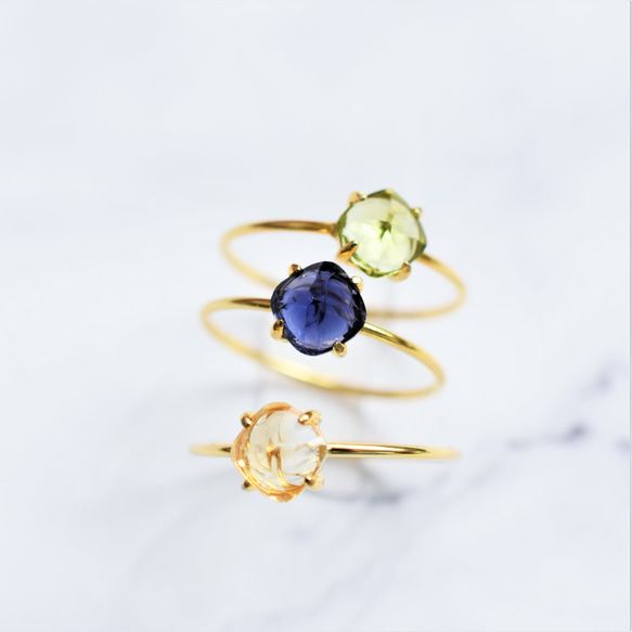【Choice】堇青石黃水晶橄欖石糖塊切割18KGP金戒指 (戒指) 第15張的照片