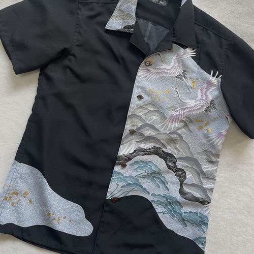 着物リメイク 青に鶴の黒留袖アロハ メンズMサイズ シャツ 着物リメイク 青に鶴の黒留袖アロハ メンズMサイズ シャツ