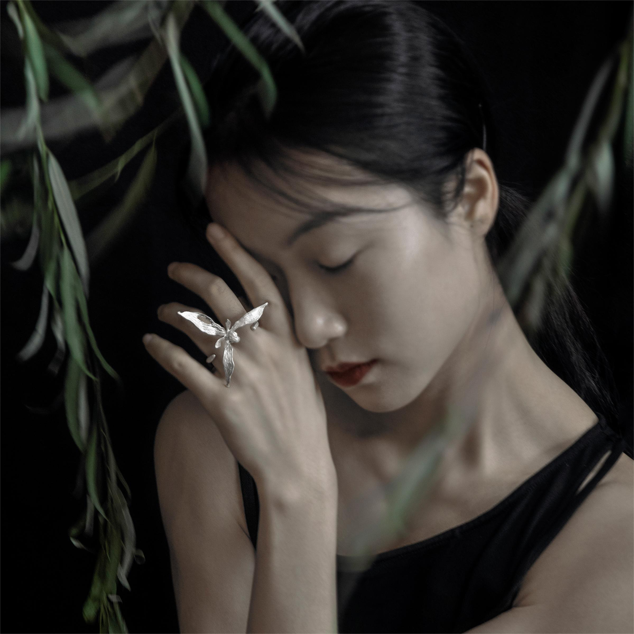 オリジナルデザイン ハンドメイド シルバー925 オーダーメイド 菊蘭 オープンダブルバンドリング